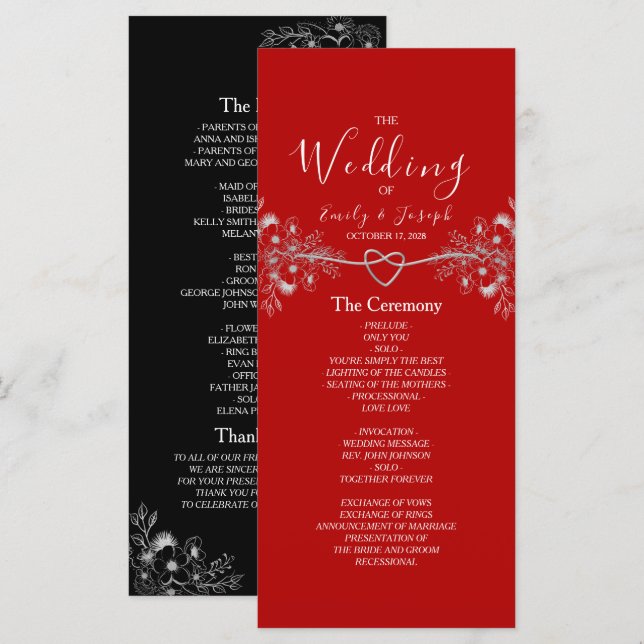 Elegant Black Red Floral Wedding Program (Front/Back)