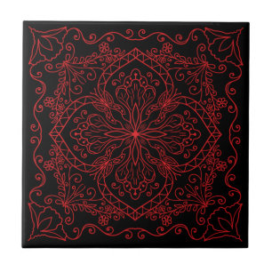 Elegant Black Red Flowers Butterfly Decorative Tile