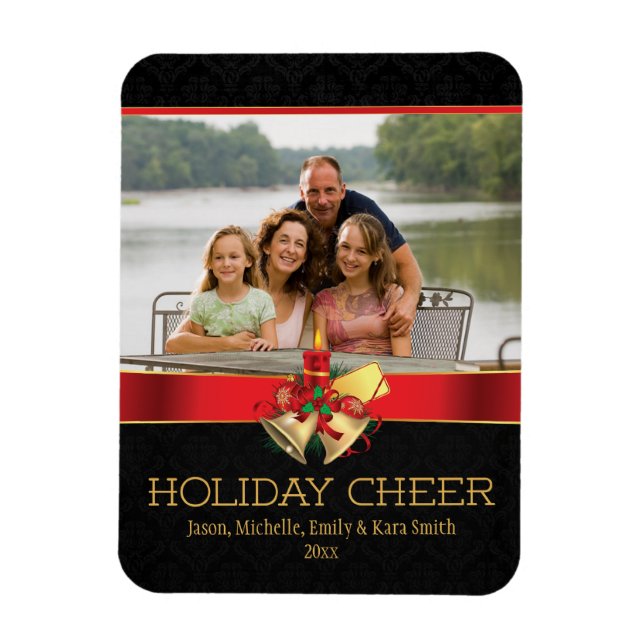 Elegant black red gold holiday cheer photo magnet (Vertical)