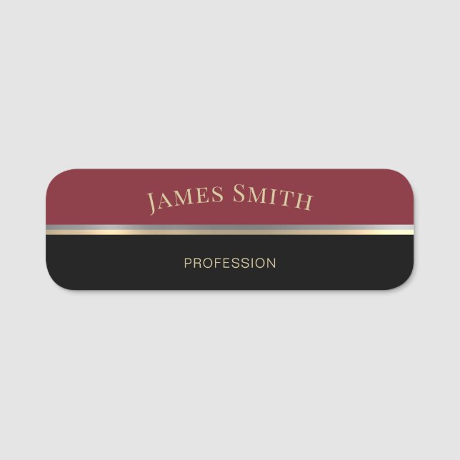 Elegant Black Red Gold Silver Modern Name Tag (Front)