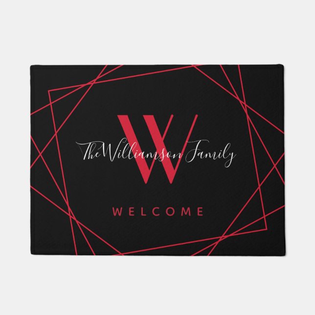 Elegant Black Red Monogram Family Name Script Doormat (Front)
