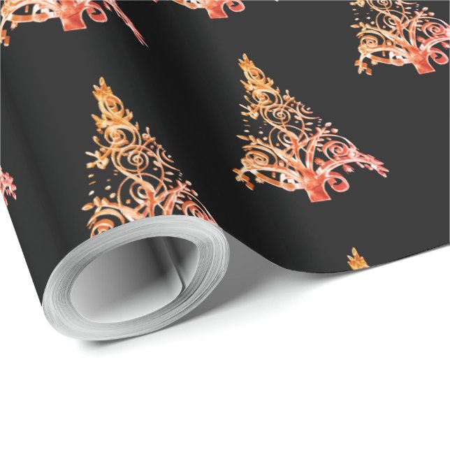 Elegant Black Red Orange Christmas Tree Pattern Wrapping Paper (Roll Corner)
