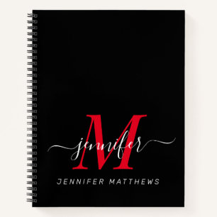 Elegant Black Red Personalized Monogram Name Notebook