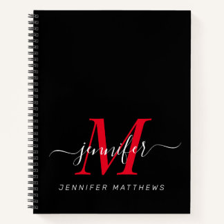 Elegant Black Red Personalized Monogram Name Notebook