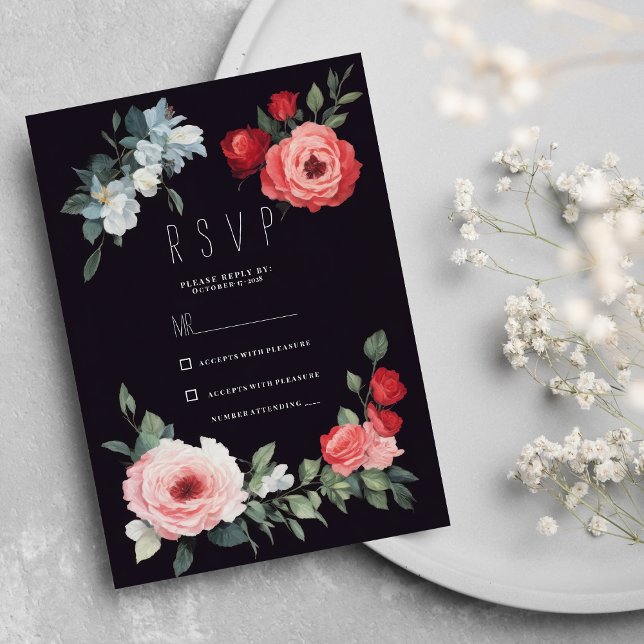 Elegant black red pink blue roses romantic RSVP  Invitation (Elegant black red pink blue roses romantic RSVP )
