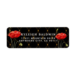 Elegant Black Red Poppy Return Address Label