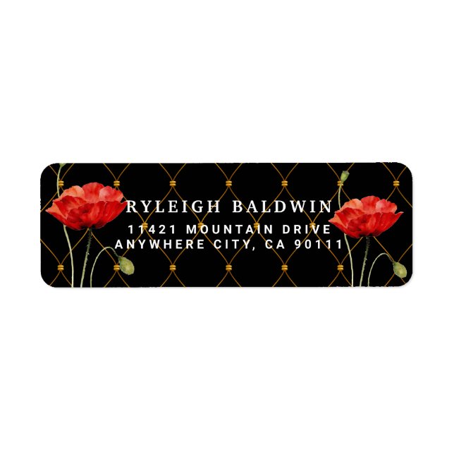 Elegant Black Red Poppy Return Address Label (Front)