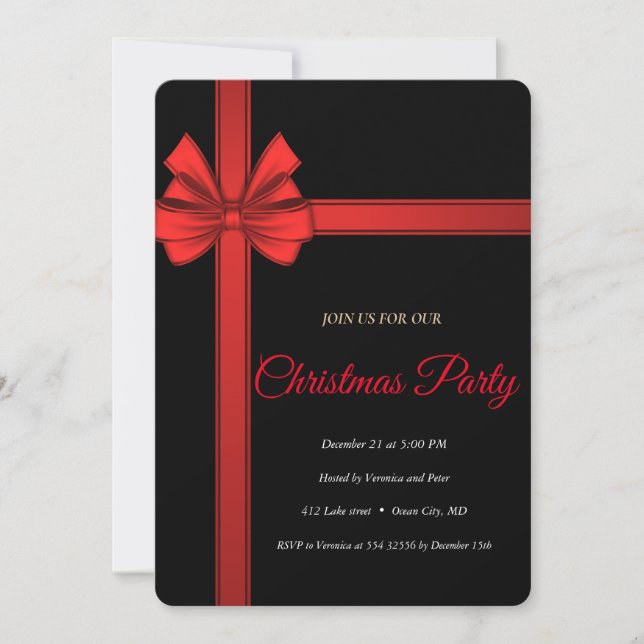 Elegant Black Red Ribonn  Invitation (Front)