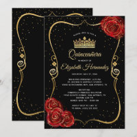 Elegant Black Red Rose and Gold Quinceanera