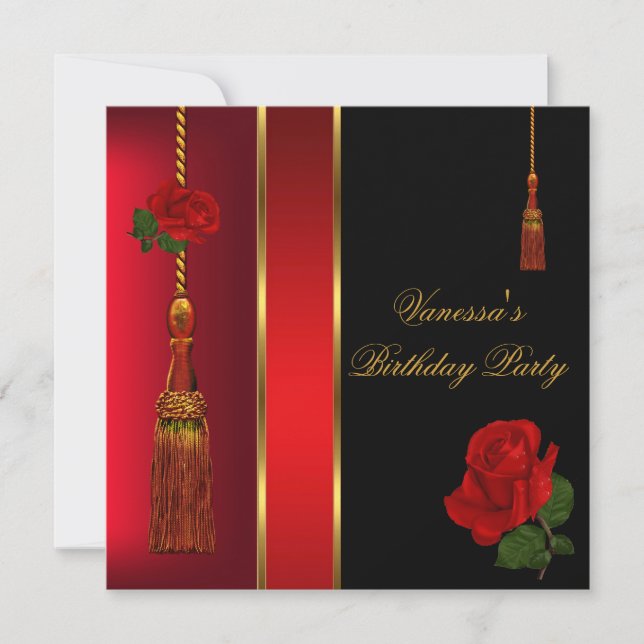 Elegant Black Red Rose Gold Birthday Party Invitation (Front)