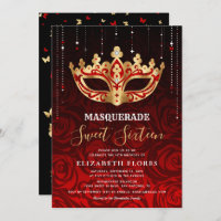 Elegant Black Red Rose Gold Masquerade Sweet 16