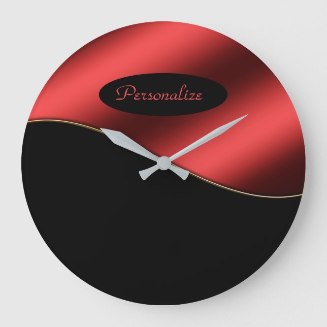 Elegant Black Red Stylish Wave Design Personalize Large Clock (Front)