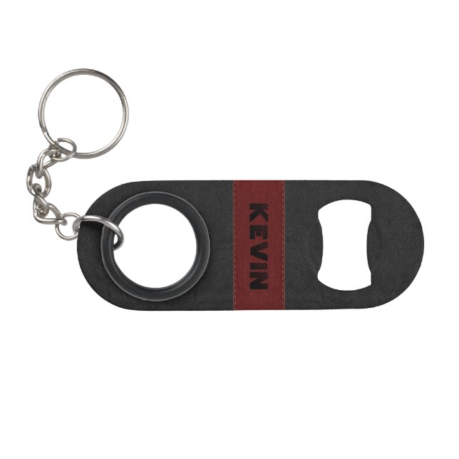 Elegant Black & Red Vintage Leather Keychain Bottle Opener (Front (Horizontal))