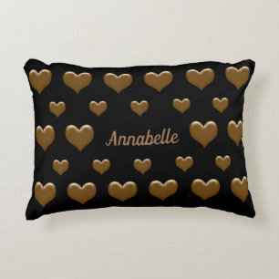 Elegant Black/Red with Brushed Gold Hearts Accent Pillow