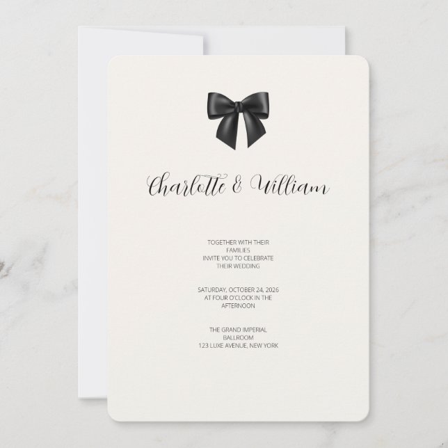 Elegant Black Ribbon Bow Wedding Invitation Card (Front)