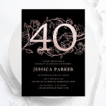 Elegant Black Rose Gold 40th Birthday Invitation<br><div class="desc">Elegant black rose gold 40th birthday party invitation. Customizable modern feminine design featuring roses botanical accents and faux glitter rose gold. Simple floral invite card perfect for a stylish female bday celebration. Personalize with your own details. Printed Zazzle invitations or instant download digital printable template.</div>
