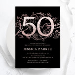 Elegant Black Rose Gold 50th Birthday Invitation<br><div class="desc">Elegant black rose gold 50th birthday party invitation. Customizable modern feminine design featuring roses botanical accents and faux glitter rose gold. Simple floral invite card perfect for a stylish female bday celebration. Personalize with your own details. Printed Zazzle invitations or instant download digital printable template.</div>