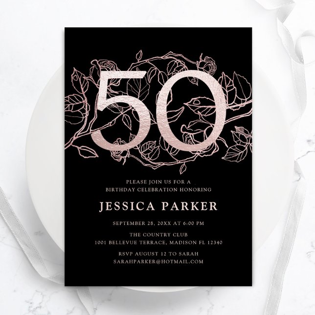 Elegant Black Rose Gold 50th Birthday Invitation (Creator Uploaded)