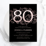 Elegant Black Rose Gold 80th Birthday Invitation<br><div class="desc">Elegant black rose gold 80th birthday party invitation. Customizable modern feminine design featuring roses botanical accents and faux glitter rose gold. Simple floral invite card perfect for a stylish female bday celebration. Personalize with your own details. Printed Zazzle invitations or instant download digital printable template.</div>