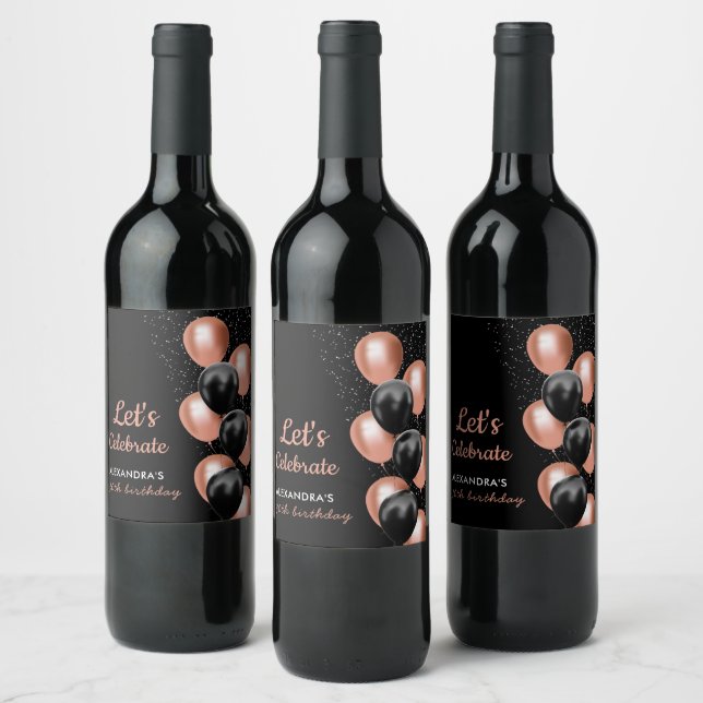 Elegant Black Rose Gold Balloon Chic Birthday Wine Label (Bottles)