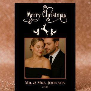Elegant Black & Rose Gold Christmas Photo  Foil Holiday Card