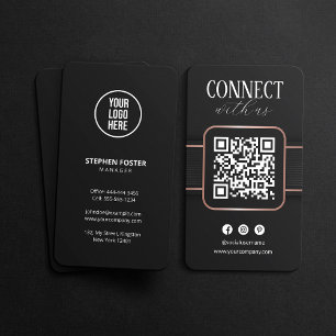 Elegant Black Rose Gold Connect With Us QR Code Business Card