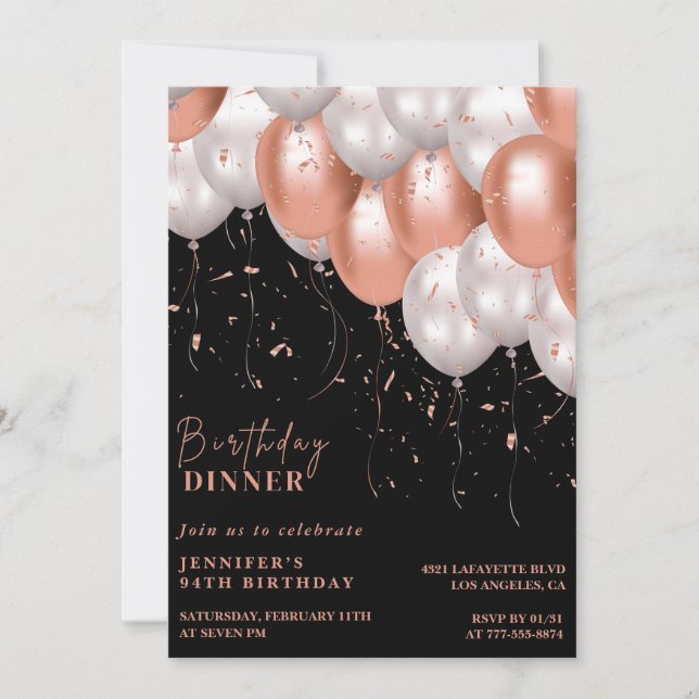 Elegant Black Rose gold Dinner 94th birthday Invitation (Front)
