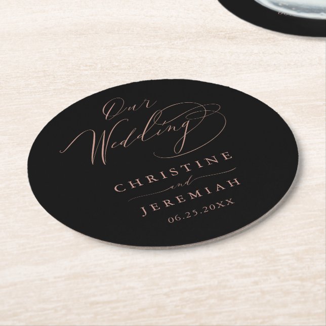 Elegant Black Rose Gold Elegant Script Wedding Round Paper Coaster (Angled)