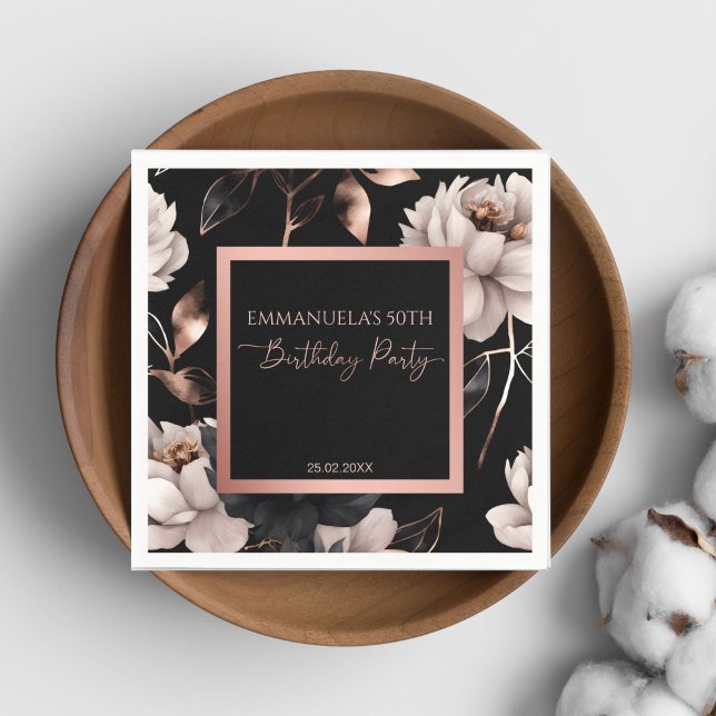 Elegant black rose gold floral birthday template napkin (Elegant black rose gold floral birthday party personalized tableware template napkins 50 th party)