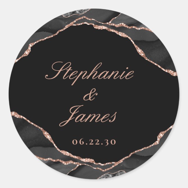 Elegant Black Rose Gold Foil Agate Wedding Classic Round Sticker (Front)