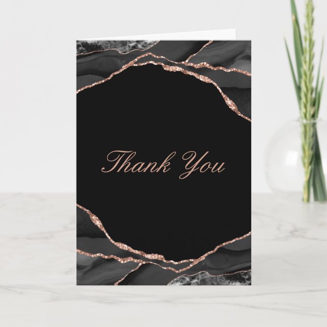 Elegant Black Rose Gold Foil Agate Wedding Photo Thank You Card (Front)