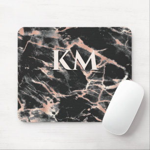 Elegant black rose gold girly marble art monogram  mouse pad