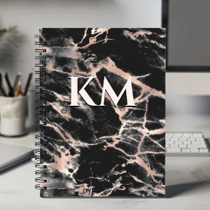 Elegant black rose gold girly marble art monogram  notebook