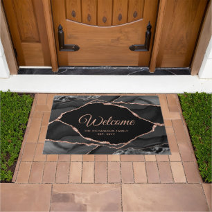 Elegant Black Rose Gold Glitter Agate Personalized Doormat