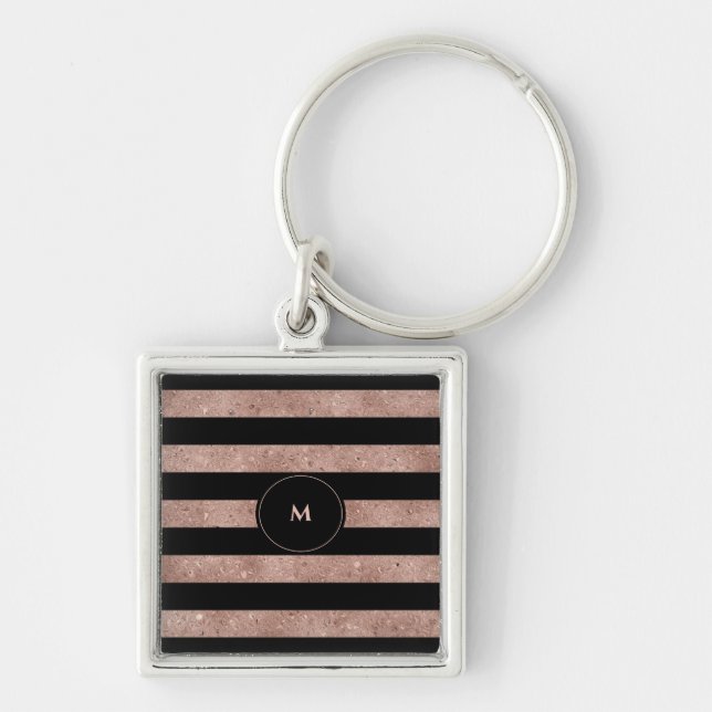 Elegant Black Rose Gold Glitter Striped Monogram  Keychain (Front)