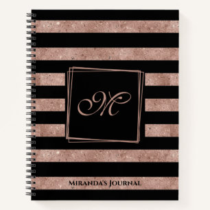 Elegant Black Rose Gold Glitter Striped Monogram Notebook