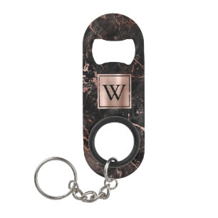 Elegant Black Rose Gold Marble Monogram Keychain Bottle Opener