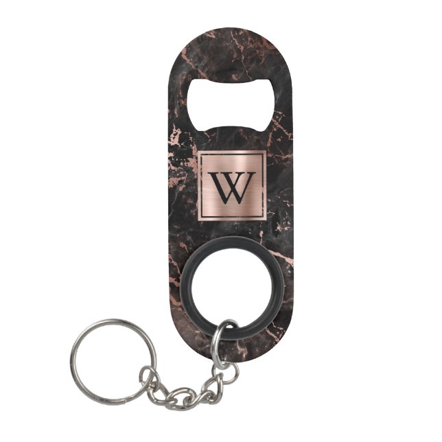 Elegant Black Rose Gold Marble Monogram Keychain Bottle Opener (Front)