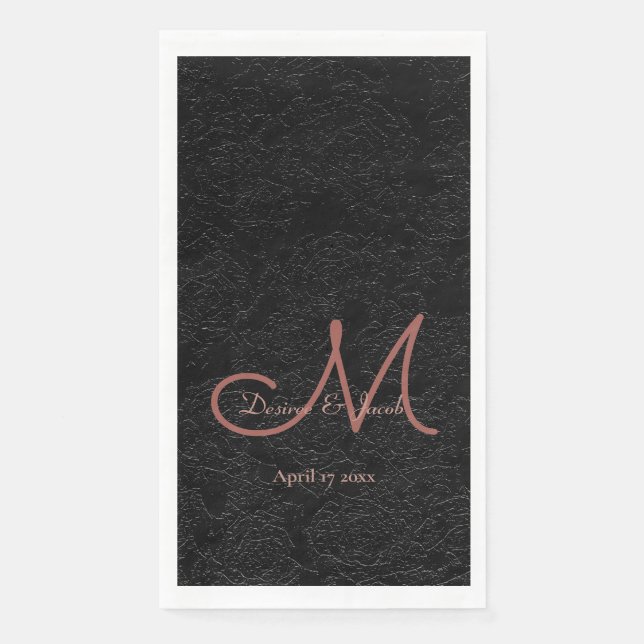 Elegant Black Rose Gold Modern Wedding Monogram Napkin (Front)