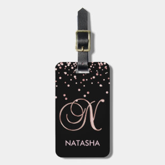Elegant Black Rose Gold Monogram Name Letter 'N' Luggage Tag