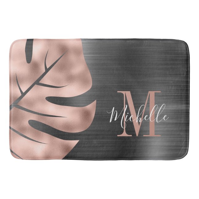 Elegant Black Rose Gold Palm Leaf Monogram  Bath Mat (Front)