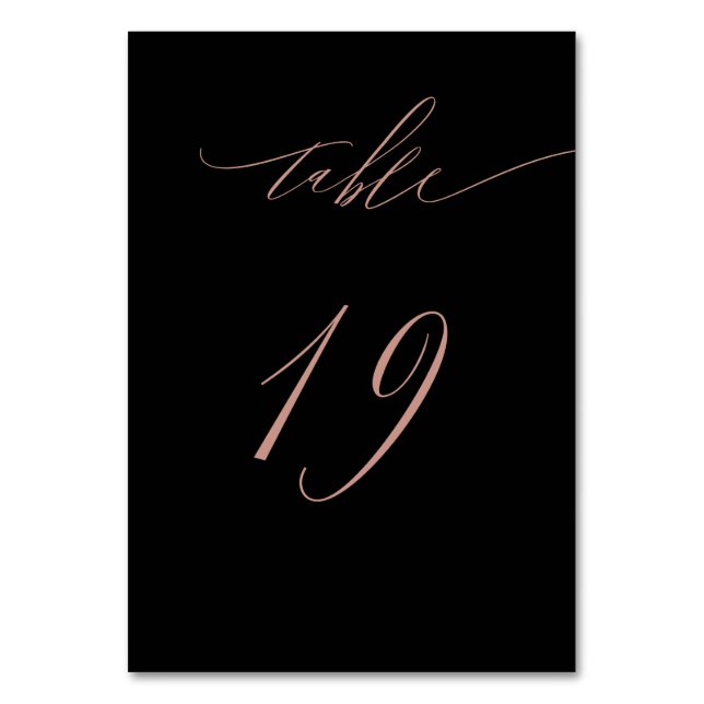 Elegant Black Rose Gold Script 19 Wedding Table Number (Front)