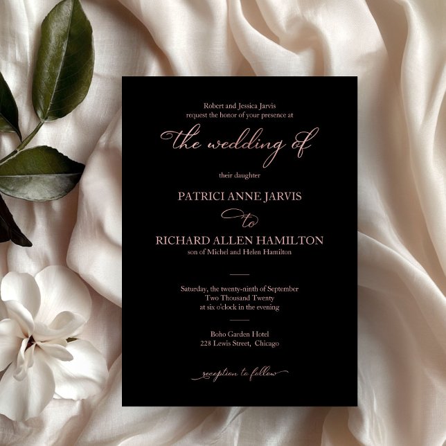 Elegant Black Rose Gold Script Classic Wedding Invitation (Creator Uploaded)