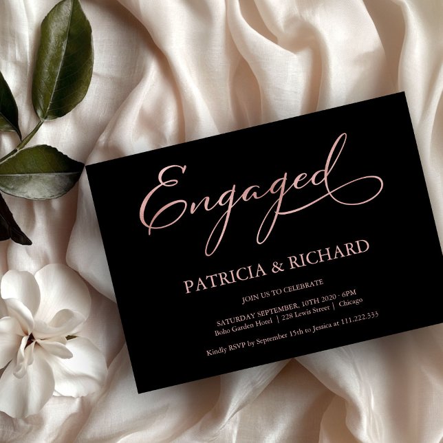 Elegant Black Rose Gold Script Engagement Party Invitation (Creator Uploaded)