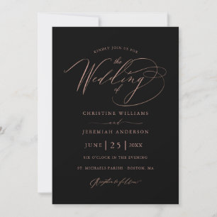 Elegant Black Rose Gold Script Minimalist Wedding Invitation