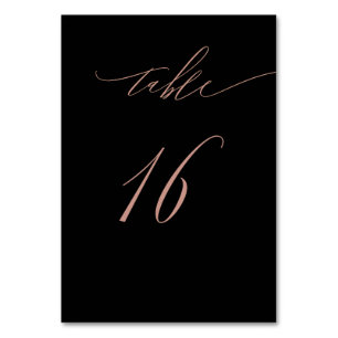 Elegant Black Rose Gold Script No16 Wedding Table Number