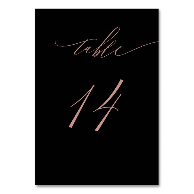 Elegant Black Rose Gold Script No 14 Wedding Table Number (Front)