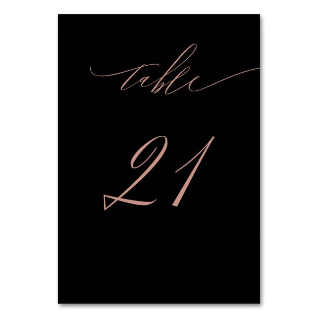 Elegant Black Rose Gold Script No 21 Wedding Table Number (Front)