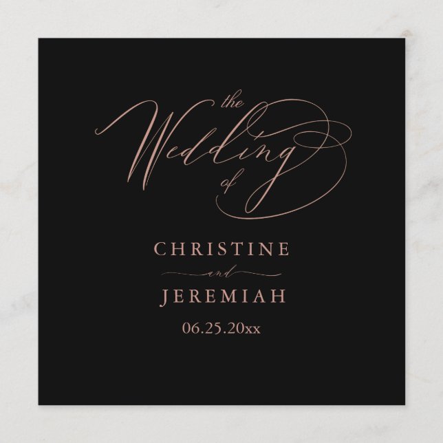 Elegant Black Rose Gold Script Typography Wedding Program (Front)