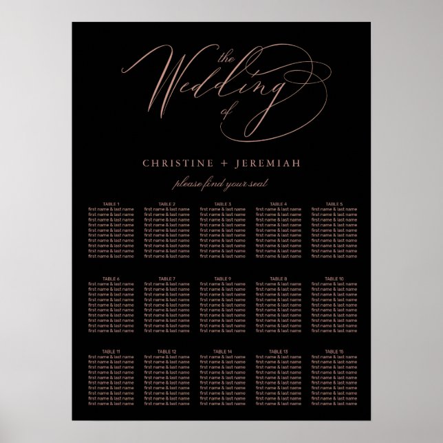 Elegant Black Rose Gold Script Wedding Seating Poster (Front)